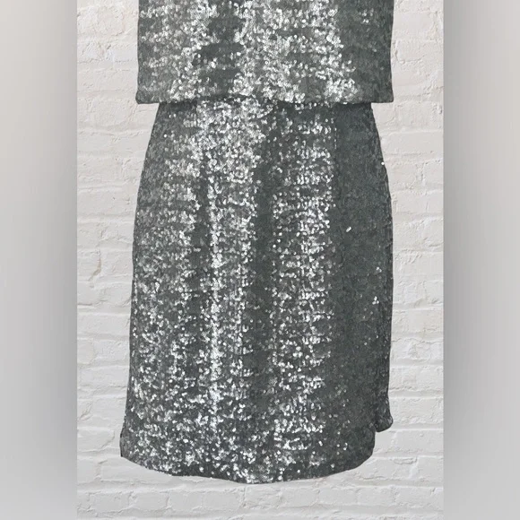 Laundry Shelli Segal Silver Shift Sequined Cocktail Event Dress M 6 Old Money - Picture 4 of 13